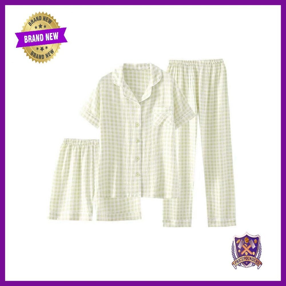 Cotton Gauze Pajama Set 3-Piece Short Sleeve Button Down Sleepwear